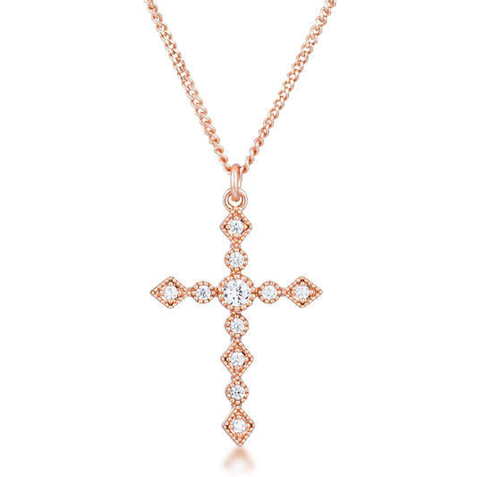 Dainty Art Deco Rose Gold Plated Clear CZ Cross Pendant